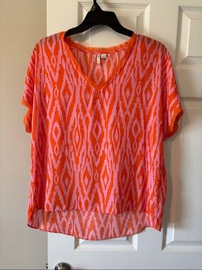 Cato Pink & Orange V-Neck Short Sleeve Blouse